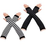 Boyiee 2 Pairs Striped Arm Warmers Long Fingerless Gloves Winter Wrist Warmers Fingerless Mittens Warm Stretchy Knit Thumbhole Striped Gloves for Office Typing Computer