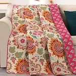 Qucover Single Bedspreads Quilted American Vintage Style Sunflower Pattern Quilted Throw 150x200 cm Beautiful Patchwork Quilts for Single Bed