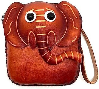 Handmade 3D Cute Animal Cartoon Leather Cowhide Coin Purse, Wallet, and Key Case - Zippered Pouches with Wristband Clutch for Easy Hand-Holding and Gift Giving New Coin Purse (elephant front square)