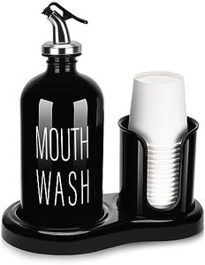 BYAWAY Glass Mouthwash Dispenser with Cup Holder, Mouthwash Set for Bathroom,16 OZ Refillable Mouthwash Bottle Container with 14 Mouthwash Cups,Funnel (Black)