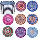 Mandala Coasters Set of 8, Ceramic Round Drink Coasters with Holder Absorbent Drink Coaster Set with Non-slip Cork Base & Ceramic Stone Cup Pad for Cups Mug Wine Glass Home Kitchen & Bar - 10cm