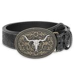 WHIPPY Mens Cowboy Belt Western Belts for Men Women with Engraved Floral Bull Head Buckle Western Leather Buckle Belt for Jeans,Black-Silver 34 Inches