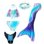 XICHONG Girls Mermaid Tail Swimsuit Fashion Bikini Garland and Monofin Swimwear 5PC Blue Purple BP120