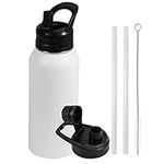 Insulated Water Bottle, 32oz Vacuum Stainless Steel Metal Sports Water Bottles with Stickers, Straw & Spout Lid (2 Lids), Double Walled to Keeps Hot and Cold, Leak Proof, BPA-Free, 32oz (White)