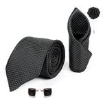 Axlon Mens Plaid Dotted Silk Necktie Gift Set With Pocket Square Cufflinks & Brooch Pin Tie For Men Formal With Leatherite Box (Black A9BKRX Free Size)