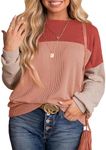 Eytino Plus Size Sweatshirt for Women Striped Colorblock Long Sleeve Crewneck Casual Loose Pullover Shirt Top,3X Red