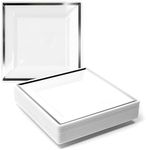 MATANA 100 Premium White Square Plastic Dessert Plates with Silver Rim, 16.5cm / 6.5 Inch - Reusable Small Side Plates, Starter Plates for Weddings, Birthdays, Picnic, BBQ, Parties