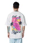 The Souled Store Out of Office White Color Men Oversized T Shirts for Men Baggy Off-Shoulder Loose Fit Relaxed Drop Shoulder Half Sleeve Round Neck Back Printed