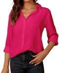 SPRING SEAON Womens Blouse Long Sleeve Chiffon V-Neck Button Down Shirt Casual Office Work Tops for Ladies Rose Red