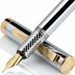 Scriveiner Luxury EDC Fountain Pen (Medium), Stunning Silver Chrome Luxury Pen, Real Gold Plating, Schmidt German Nib, Converter, Writing Gift Set for Men & Women, Nice Fancy Office Designer Pen