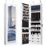 COSTWAY 5 LED Lights Mirror Jewelry Cabinet, Door Hanging/Wall Mounted Jewellery Armoire, Full Length Mirror with storage, Lockable Dressing Cosmetics Jewellery Organiser Unit Gift (White)