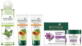 Biotique Basil & Parsley Revitalizing Body Wash, 200ml & Papaya Deep Cleanse Face Wash All Skin 2x100ml & Saffron Youth Anti-Ageing Cream, 50g