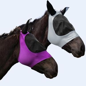 HUAME 2 Piece Horse Fly Mask with Ears, Comfortable Fit Stretch Fabric Big Eye Space Soft Breathable with UV Protection for Full Horses (Purple-Gray)