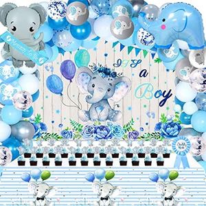 134PCS Elephant Baby Shower Decorations for Boy Baby Boy Shower Decorations Include Elephant Theme Balloon Garland Arch Kit Backdrop Tablecloth Cake Toppers Mommy Sash and Daddy Badge