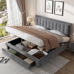 Upholstered King Size Bed 150 x 200cm, Ottoman Storage Bed with Hydraulic Lever and Drawer, Large Storage Space, Velvet Fabric Ottoman Lift Up 5FT King Size Bed Frame, No Mattress (Grey, 150 x 200cm)