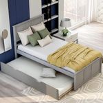 LostCat Twin Size Platform with Trundle and Headboard,Solid Pinewood Bedframe,Space Saving Design No Box Spring Needed,for Boys/Girls/Adult Bedroom,Gray