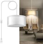 Plug in Pendant Light, 15FT White Cord Hanging Lights with Plug in Cord, Hanging Light with On/Off Switch, Double Linen Shade Fabric Design, Pendant Llight Fixture for Bedroom Living Room Restaurant