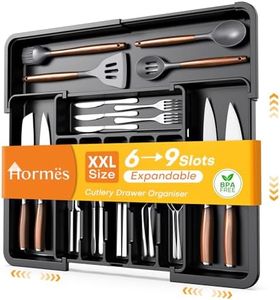 Hormes Cutlery Drawer Organiser, Expandable Kitchen Drawer Organiser with 6–9 Adjustable Compartments, Extra Large Cutlery Tray Drawer Insert for Utensils & Gadgets, BPA Free for Spoons & Forks, Black