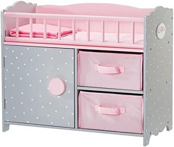 Olivia's Little World Wooden Baby Doll Crib with a Cabinet and Two Cubbies for Doll Accessory Storage Underneath, Pink and Gray and White Polka Dots