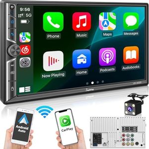 7" Double Din Car Stereo Compatible with Wireless Apple CarPlay & Android Auto, 240W 4.2-Channel Dual Subwoofer Ports, Touchscreen, Bluetooth 5.3, Mirrorlink, Backup Camera, FM/AM Car Radio