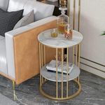 RIBAVARY™ Metal Round Coffee Table with Extra Shelf for Living Room & Bedroom, Side Table for Small Spaces, Wooden Top & Metal Frame End Table, Modern Elegent Design (White & Golden)