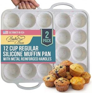 BAKE BOSS 2 Pack Regular Muffin Pan - 12 Cup Silicone Muffin Pan for Baking with Metal Reinforced Frame - Regular Size Cupcake Pan, BPA Free Silicone Muffin Tray - Oven & Dishwasher Safe - Cream