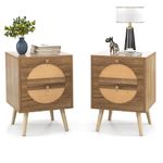 COSTWAY Rattan Bedside Tables Set of 2, Wooden Nightstand Sofa Side Table with 2 Storage Drawers, Solid Wood Legs Bedside Cabinet Accent End Table for Small Space, Bedroom and Living Room, 40x40x56cm