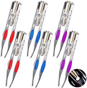 6 Pcs Light Tweezers Stainless Steel Tweezers with LED Light, Makeup Eyelash Eyebrow Hair Removal Tweezers Illuminating Lighted Tweezers for Precision Hair Removal Men Women (Red, Purple, Dark Blue)