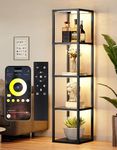 PARTPHONER Floor Lamp Glass Display Shelf with Remote/APP Control, Dimmable LED Floor Lamp with Shelves, Open Display Cabinet, Color Temp Control (2700K-6000K), Black