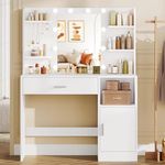 TEENFON Vanity Desk with Mirror and Lights, Makeup Vanity with Large Drawer, 4 Shelves and 5 Jewel Hooks, Dressing Table with Cabinet & Open Compartment for Bedroom, White