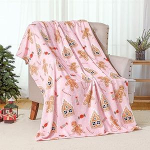 FuWeave Christmas Throw Blanket Pink Flannel Blankets Cute Soft Warm Lightweight Blanket for Couch Sofa Bed Home Couch Decor (Gingerbread)