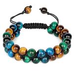 KOPHINYE Triple Protection Bracelet, Green Tiger Eye Bracelet Men Genuine Tigers Eye 8mm Beads Bracelet for Men, Handmade Bracelet Bring Luck, Health and Happiness