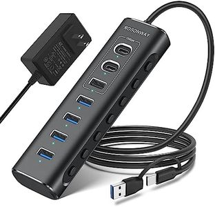 Powered USB Hub, Rosonway 7-Port USB 3.2/USB C Hub with 10Gbps USB-A 3.2, 2 USB-C 3.2, 4 USB 3.0 Ports, Individual Switches and 12V Power Adapter, Aluminum USB Port Expander for Laptop/PC, RSH-A107C