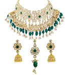 THE OPAL FACTORY Gold Plated Rajasthani Dulhan Bridal Polki Choker Jewellery Necklace set with Matching Earrings and Maangtikka in Kundan and Pearl Work for Women and Girls (Green)