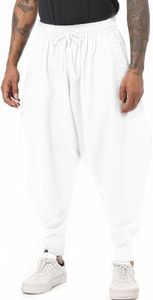 PACEIADTA Men Harem Pants Loose Elastic Waist Hippie Aladdin Yoga Drop Crotch Pant, White, Medium