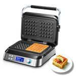 Pro Smart Waffle Maker, Non-Stick, 7 Browning Levels, 5 Programmes, Family Size, Digital Display, Overflow Protection, 1600W, Countdown Timer, Audible Alerts (Silver)