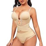 Nebility Bodysuit Shapewear for Women Tummy Control Backless Body Shaper U Plunge Built-in Bra Fajas Waist Trainer Corset (Large, Beige)