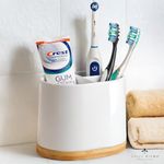 DAILY RITMO® Large Toothbrush Holder with Bamboo Base | for Electric and Kids Tooth Brushes | Unique Minimalist Aesthetic White Ceramic Marble Like Comb, Makeup Brush, Toothpaste Cup