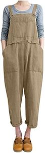 Gihuo Women's Fashion Baggy Loose Linen Overalls Jumpsuit Oversized Casual Sleeveless Rompers with Pockets (Khaki-M)