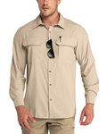 Outdoor Ventures Men's Long Sleeve Shirts UV Protection Outdoor Shirts Breathable Button-Down Shirt Wicking Quick Drying Safari Shirt with Pockets for Hiking Fishing Golfing, Khaki, M