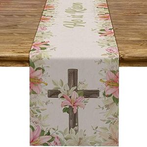 He is Risen Table Runner Easter Christian Cross Lily Flowers Resurrection Spring Holiday Party Kitchen Dining Home Decoration