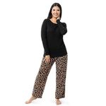 Fruit of the Loom Women's Sueded Jersey Crew Top and Fleece Pant Sleep Set, Black/Cheetah Print, X-Large