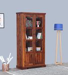 GR FURNITURE Wooden Bookshelf | Glass Door Crockery Cabinet | Solid Wood 4 Shelves Door Book Case Shelf with Storage for Home, Office & Study Room Kitchen | Sheesham Wood, Honey Oak