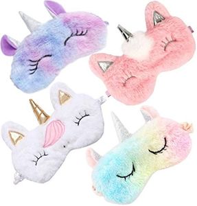 4 Pack Cute Animal Unicorn Sleep Mask for Girls Cute Unicorn Horn Soft Plush Blindfold Sleep Masks Eye Cover Eyeshade for Kids Girls Teens Women Plane Travel Nap Night Sleeping