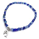 Dolphin Charm Beaded Anklet - Blue Glass Seed Bead Mix with Silver Tone Charm - Size 10 inches