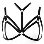 PETM•HS Women Strappy Harness Bra Elastic Cupless Belts Hollow Out Body Tops Punk Goth EDC Rave Costumes (Black)