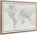 Kate and Laurel Sylvie Beaded Vintage Black and White World Map Vintage Framed Canvas Wall Art by The Creative Bunch Studio, 23x33 Gold, Modern Geographical Map Décor