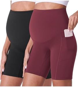 POSHDIVAH Women's Maternity Shorts Over The Belly Biker Yoga Active Pregnancy Workout Short Pants with Pockets 2PCS Black Wine Red 8" X-Large