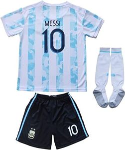 Necm 2021 Argentina #10 Leo Messi Copa-American Home Kids Football Soccer Jersey/Shorts/Socks Kit Youth Sizes (Messi White, 24 (6-7 Years))