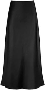 Outoshe Women's Satin High Waisted Maxi Skirts Hidden Elasticized Waistband A Line Long Skirt, Black, Small